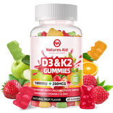 Natures Aid sugar-free D3K2 gummies pack with peach flavor suggesting bone support