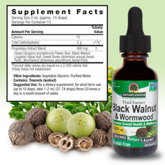 Nature's Answer Black Walnut Complex ingredients highlight a blend of black walnut, wormwood, sweet annie, and clove.