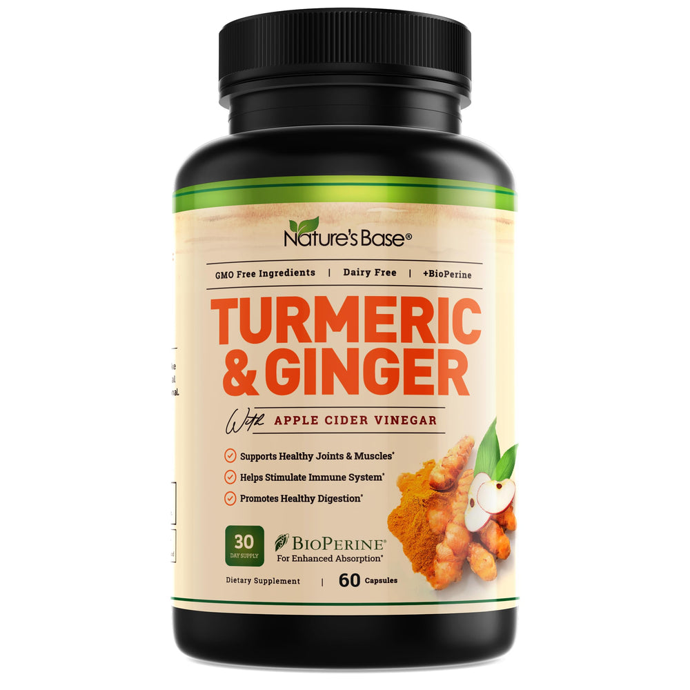 Nature's Base turmeric ginger supplement packaging, premium daily wellness formula