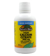 Nature's Blend Liquid Calcium Citrate Blueberry bottle front supports bone health with tasty flavor.