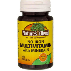Nature's Blend No Iron multivitamin bottle for daily wellness.
