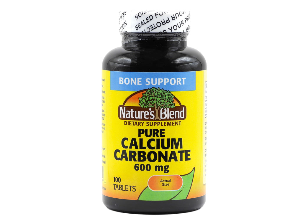 Nature's Blend calcium carbonate bottle with 600 mg tablets, glossy label for daily bone support