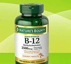 Nature's Bounty B-12 sublingual lozenge, fast-acting and cherry-flavored for daily use.