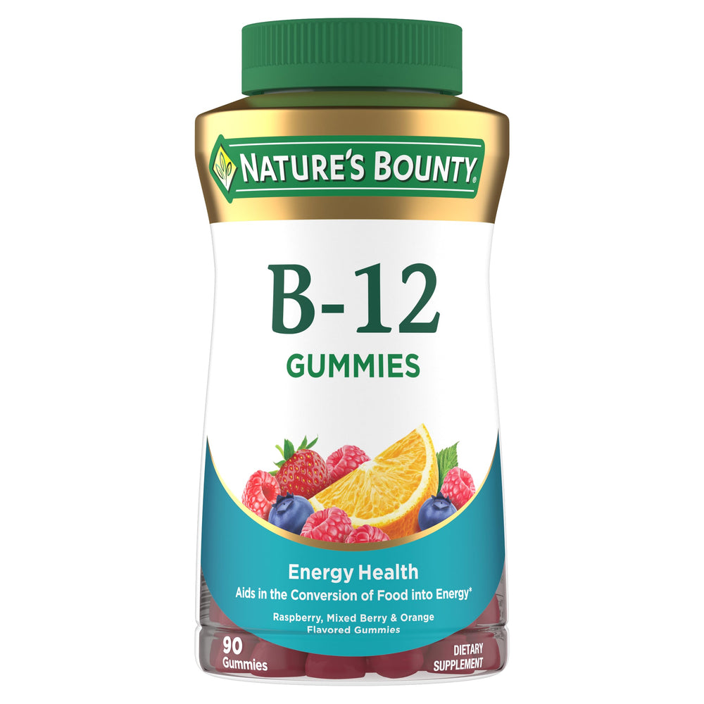 Nature's Bounty B12 Gummies bottle shown for daily energy support.