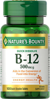 Nature's Bounty B12 microlozenge packaging for 500 mcg supports daily energy.