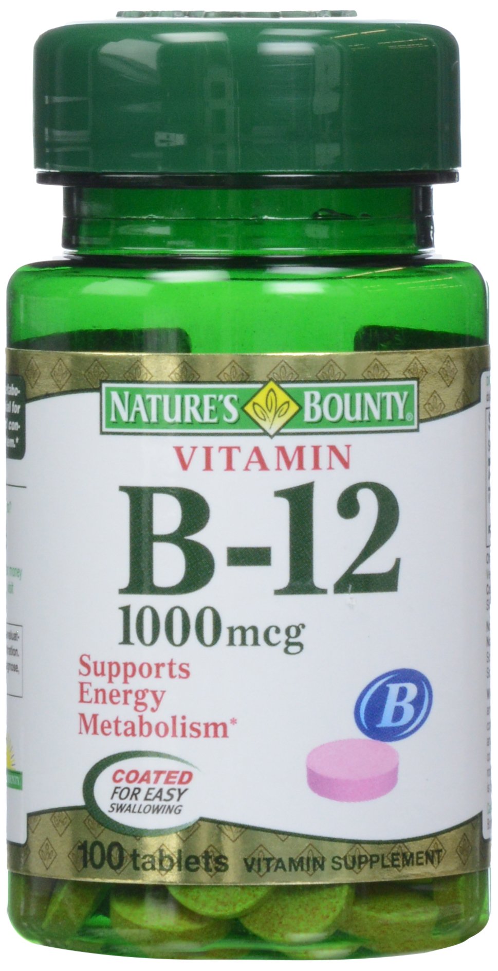Nature's Bounty B-12 tablets front view, supporting daily energy and heart health.