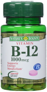 Nature's Bounty B-12 tablets front view, supporting daily energy and heart health.
