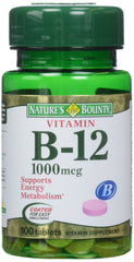 Nature's Bounty B-12 tablets front view, supporting daily energy and heart health.
