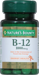 Nature's Bounty B-12 tablets label closeup showing 1000 mcg potency.