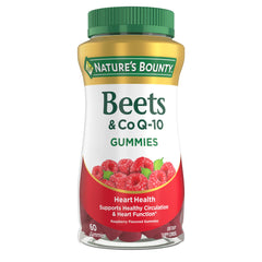 Nature's Bounty Beets & CoQ10 Gummies bottle front in raspberry flavor for heart support