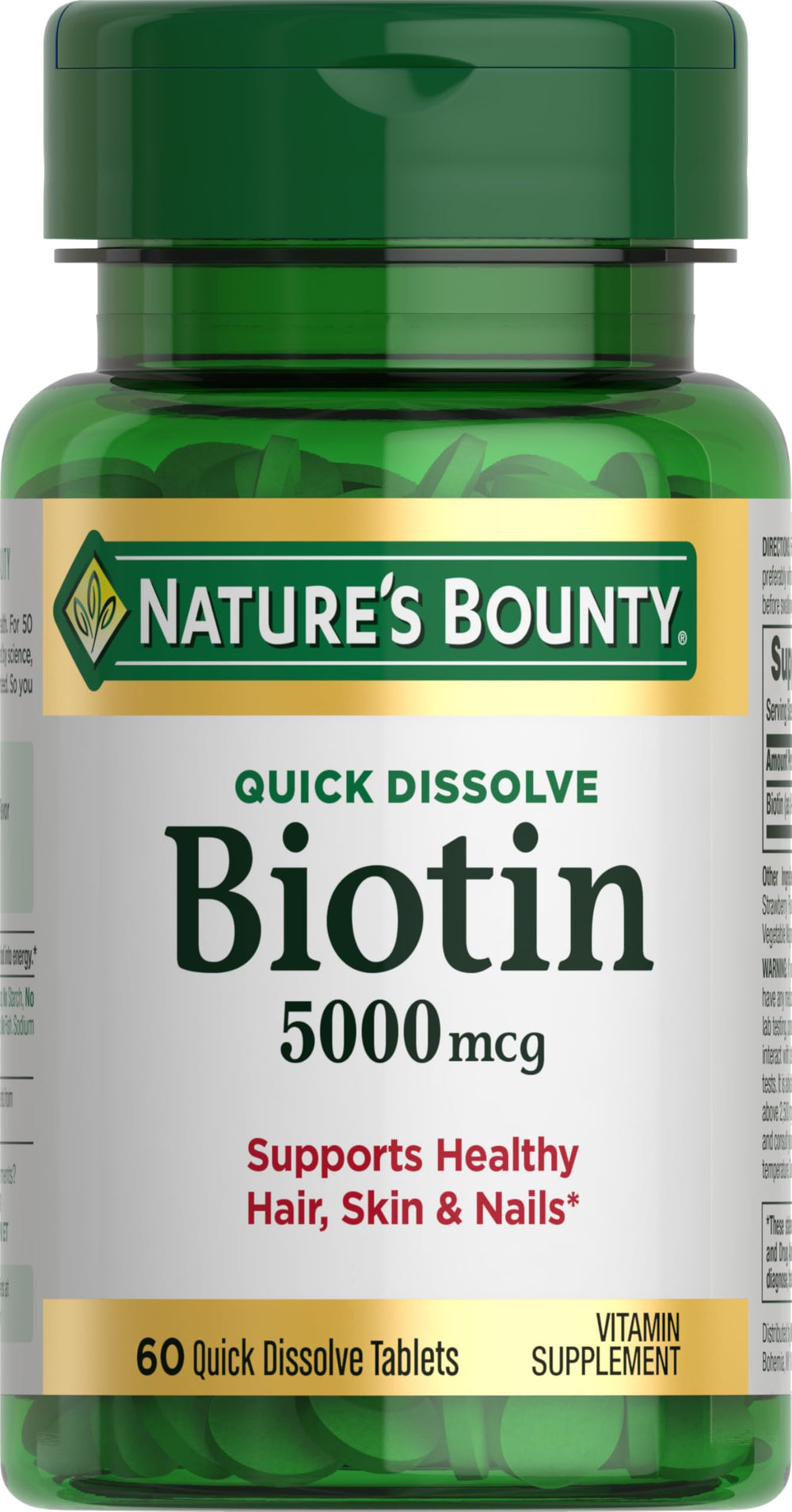 Nature's Bounty Biotin 5000 mcg bottle shows strength for daily beauty support.