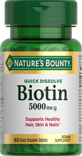 Nature's Bounty Biotin 5000 mcg bottle shows strength for daily beauty support.