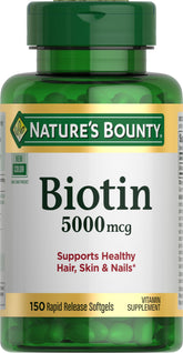 Nature's Bounty Biotin 5000 mcg softgels in bottle for daily hair and nail support