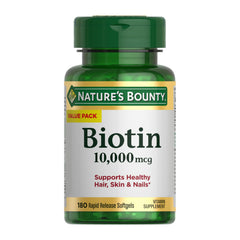 Nature's Bounty Biotin rapid-release softgels support healthy hair, skin, and nails.