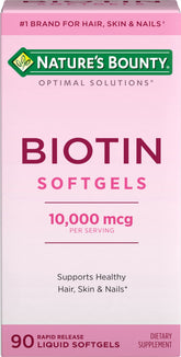 Nature's Bounty Biotin softgels bottle with 90 rapid-release capsules for hair, skin, and nails.