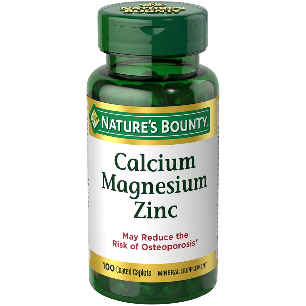 Nature's Bounty calcium magnesium zinc caplets bottle front supporting bone and immune health.