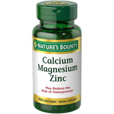 Nature's Bounty calcium magnesium zinc caplets bottle front supporting bone and immune health.