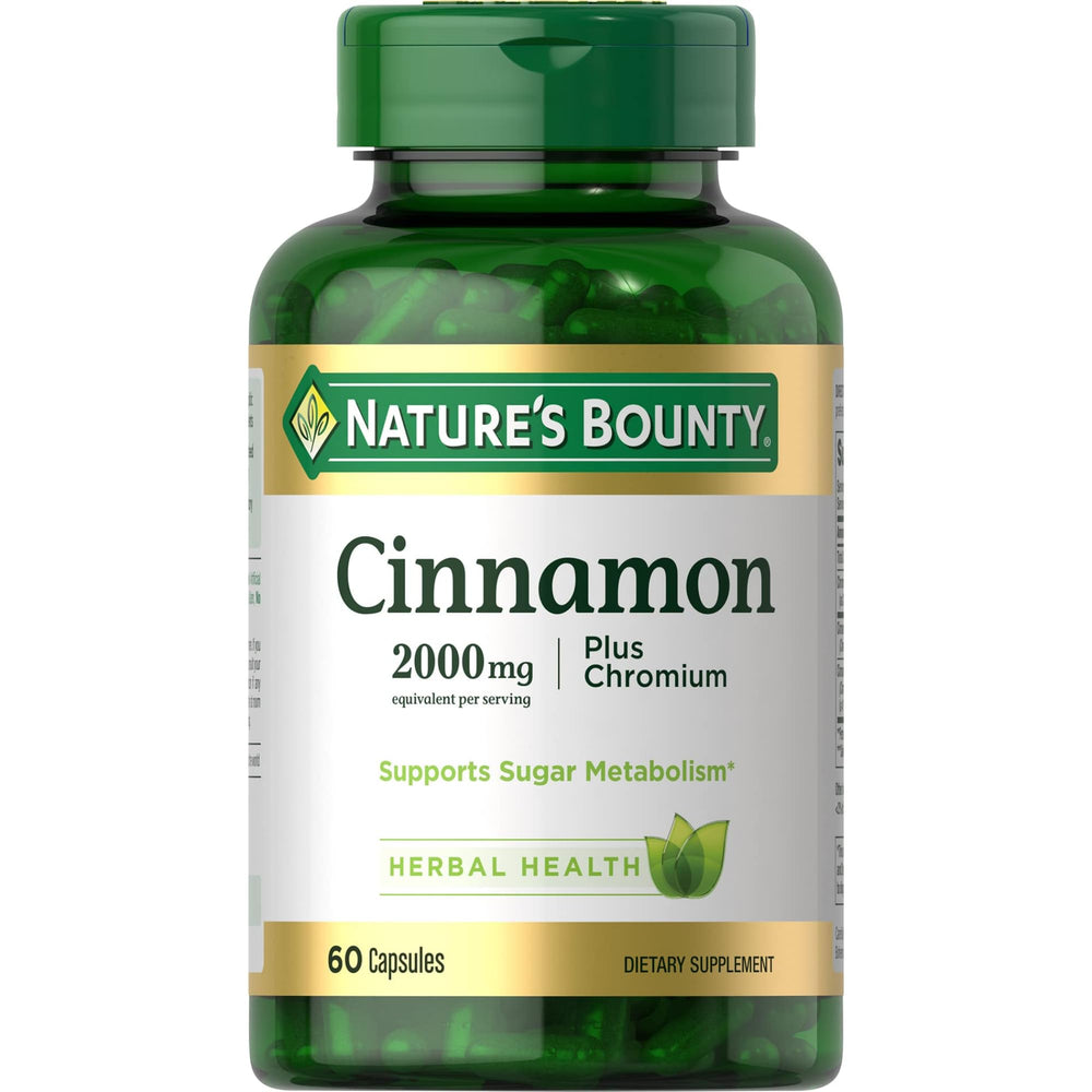 Nature's Bounty Cinnamon Plus Chromium bottle of capsules for daily sugar metabolism support.