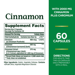 Opened Nature's Bounty Cinnamon Plus Chromium capsules ready to mix into food or drink.