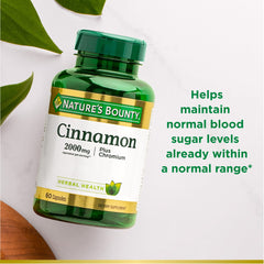 Packaging label highlighting non-GMO and gluten-free features of Nature's Bounty Cinnamon Plus Chromium.