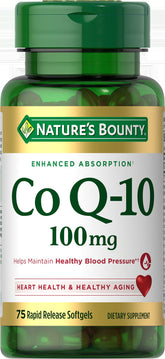 Nature's Bounty CoQ10 bottle closeup for heart health and energy support.
