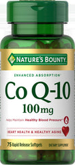 Nature's Bounty CoQ10 bottle closeup for heart health and energy support.