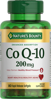 Nature's Bounty CoQ10 bottle highlighting heart health support and purity