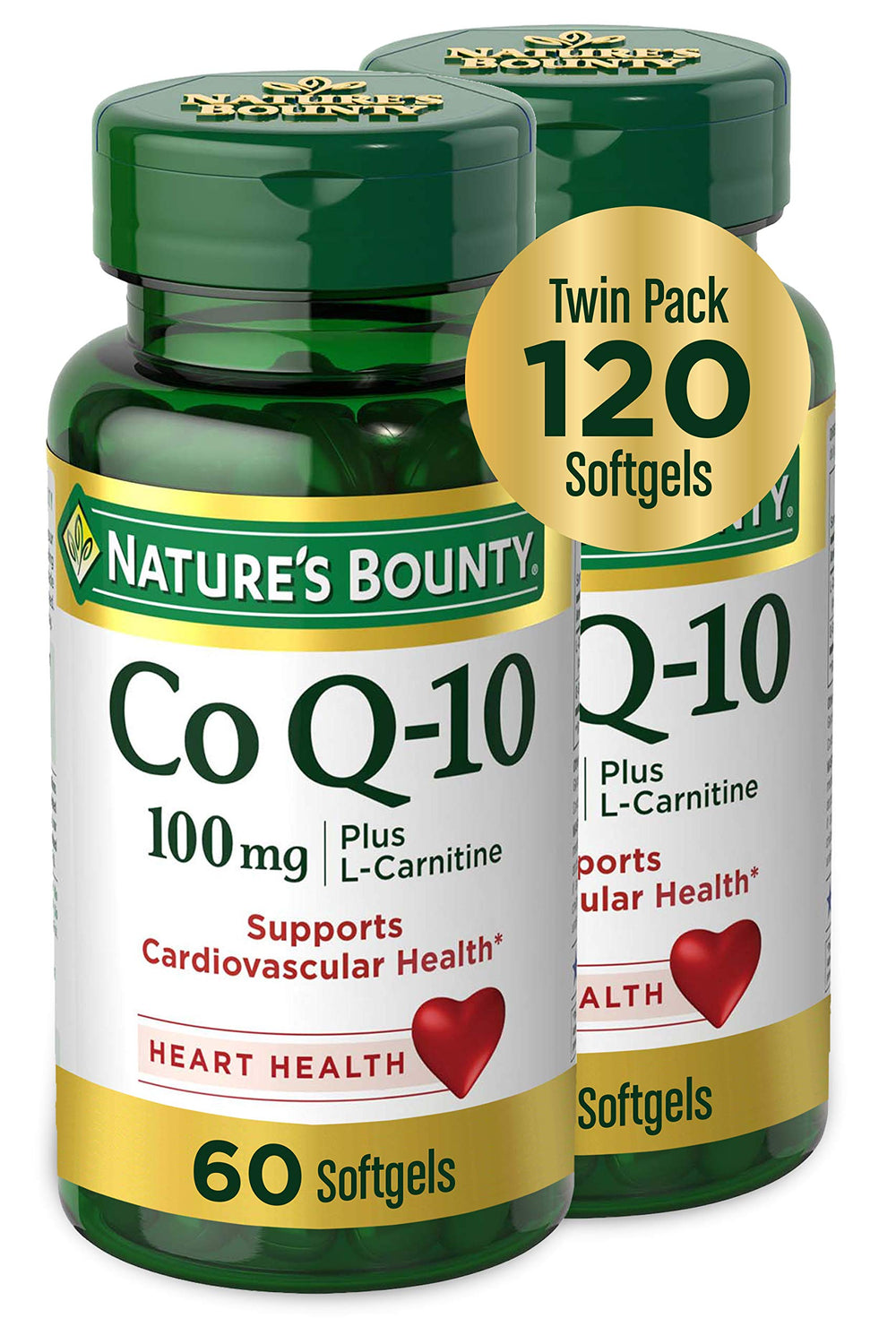 Nature's Bounty CoQ10 + L-Carnitine softgels bottle front shows packaging and key benefits