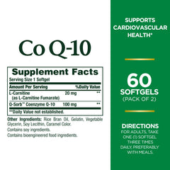 Nature's Bounty CoQ10 + L-Carnitine softgels bottle side highlights ingredients and purity