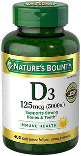 Nature's Bounty Immune D3 softgels bottle highlighting daily bone and immune support.