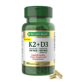 Nature’s Bounty D3K2 bottle front shows trusted vitamin supplement for bone and immune support.