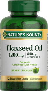 Nature's Bounty flaxseed omega-3 softgels bottle, label visible, supporting daily heart wellness.