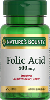 Nature's Bounty folic acid bottle highlighting tablets for cardiovascular support.