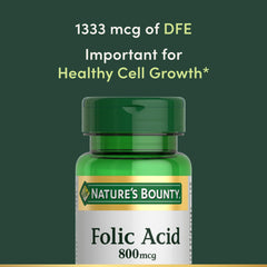 Cap close-up of Nature's Bounty folic acid bottle for easy daily intake.