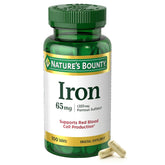 Nature’s Bounty Iron 65 mg tablet front view showing daily red blood cell support.