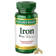 Nature’s Bounty Iron 65 mg tablet front view showing daily red blood cell support.