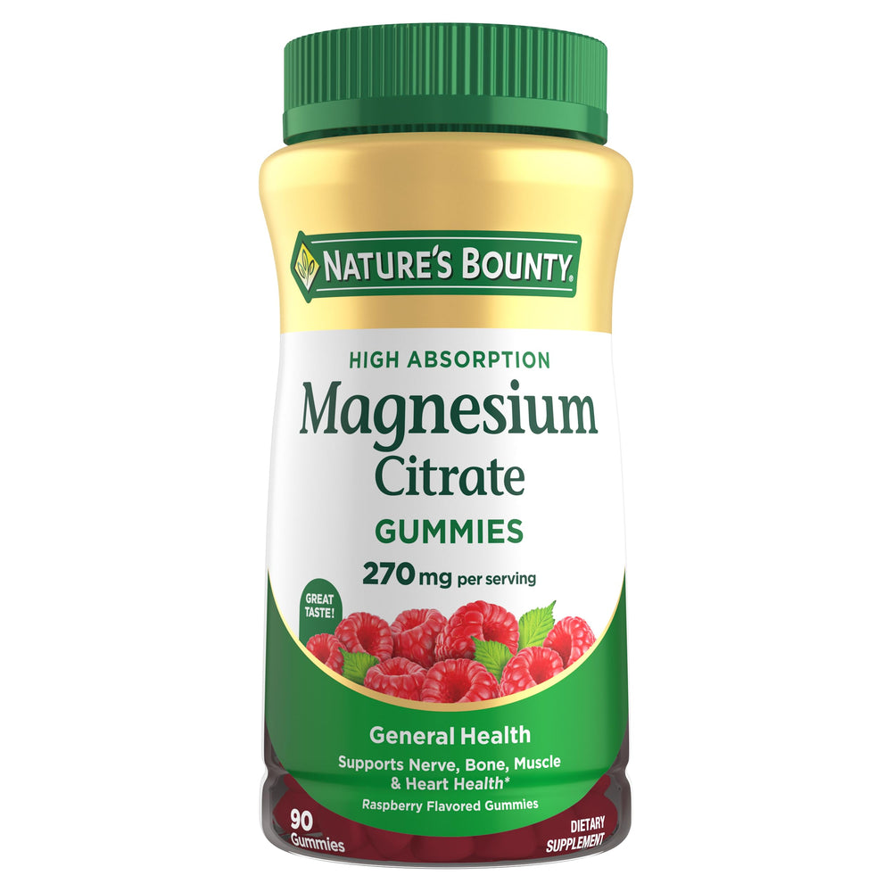 Nature's Bounty Magnesium Citrate Gummies bottle front label shows raspberry flavor for daily wellness.