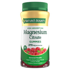 Nature's Bounty Magnesium Citrate Gummies bottle front label shows raspberry flavor for daily wellness.