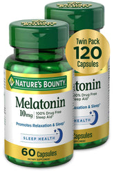 Nature's Bounty Melatonin 10mg twin-pack bottle front promotes relaxation