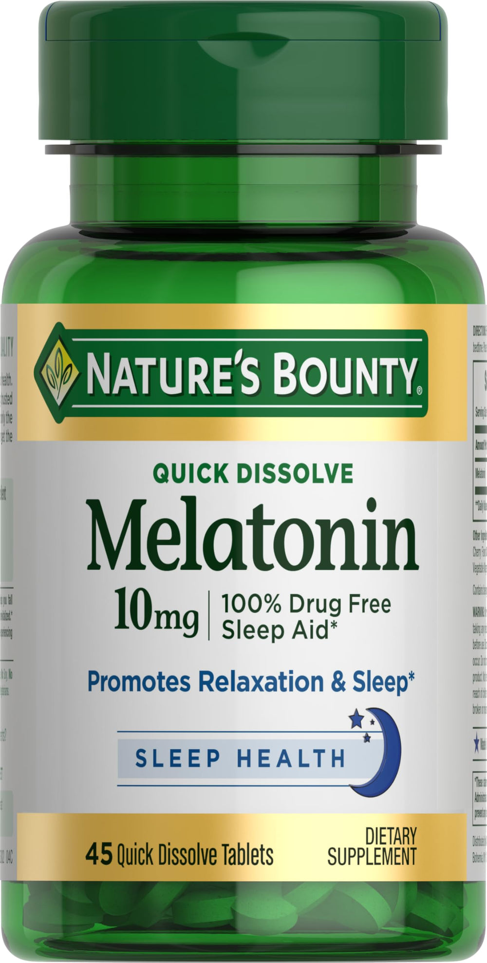 Nature's Bounty Melatonin bottle front promotes restful nights.