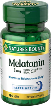 Nature's Bounty Melatonin bottle and label promote calm nights.