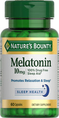 Nature's Bounty Melatonin tablet bottle on nightstand supports restful sleep