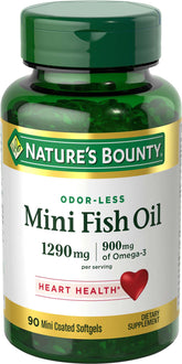 Nature's Bounty Mini Fish Oil Softgels bottle promotes easy heart health support.