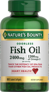 Nature's Bounty odorless fish oil softgels bottle close-up for purified omega-3 intake