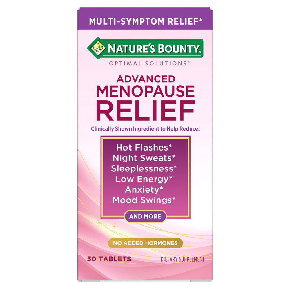 Nature's Bounty Optimal Solutions bottle front shows menopause relief benefits
