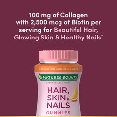 Nature's Bounty bottle label shows biotin and collagen for potential beauty benefits.