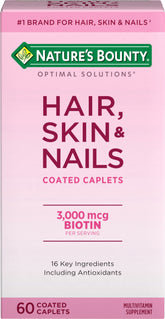 Nature's Bounty Optimal Solutions caplets bottle shows support for hair, skin, and nails.