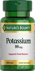 Nature's Bounty potassium caplets front view; gluten-free formula supports fluid balance.