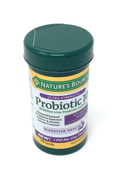 Nature's Bounty Probiotic 10 daily capsule bottle close-up supports digestive balance.