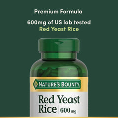 Nature's Bounty Red Yeast Rice label design emphasizing quality and lab-tested standards.